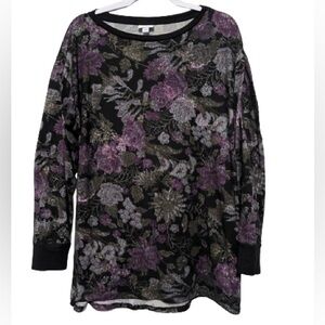 LuLaRoe Purple and Black Floral Print Long Sleeve Top L